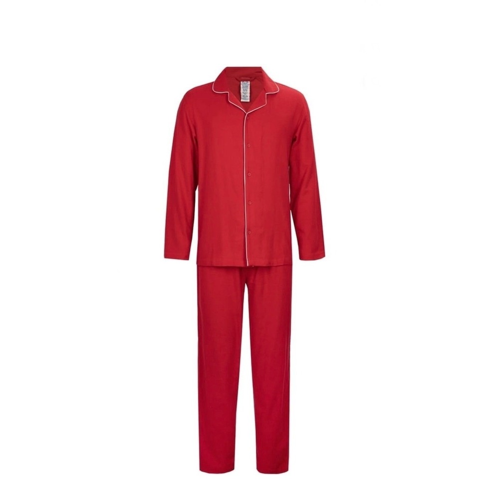 Fruit of the Loom Mens Pajama Set Red Long Sleeve Button Down Sleepwear XL NEW